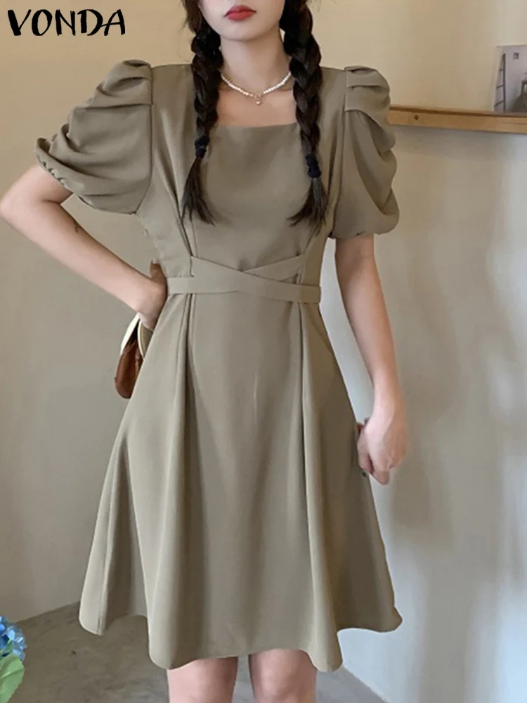 

VONDA Women Mini Dress Summer Short Sleeve Sexy Square Collar Ruffled Party Sundress Casual Loose Belted Solid Color Vestidos