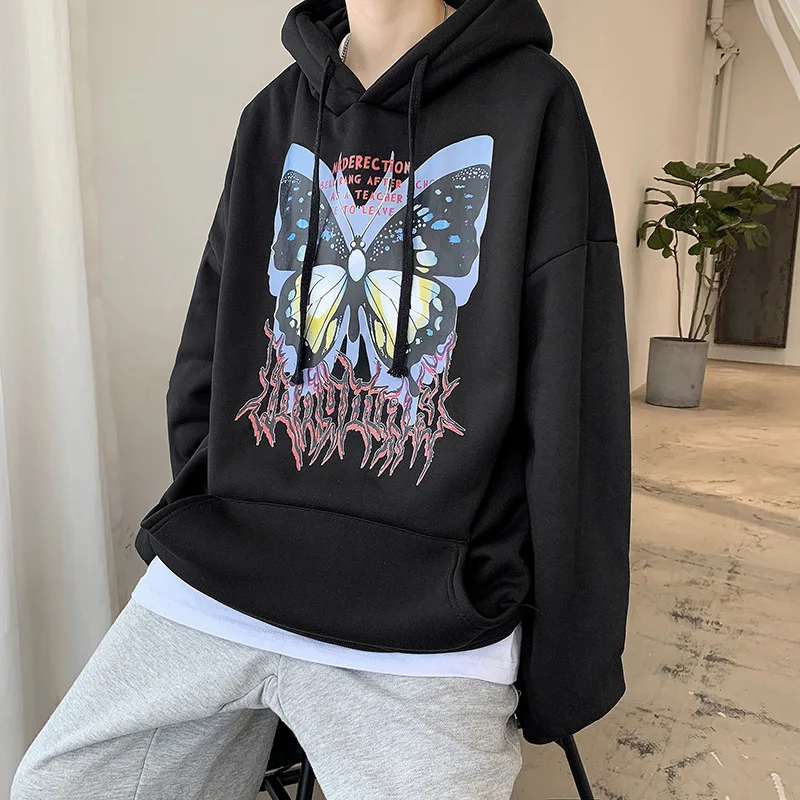 

Модная Толстовка в гонконгском стиле Ins свитер с принтом бабочки Мужская Корейская версия парные повседневные свободные женские универсал...