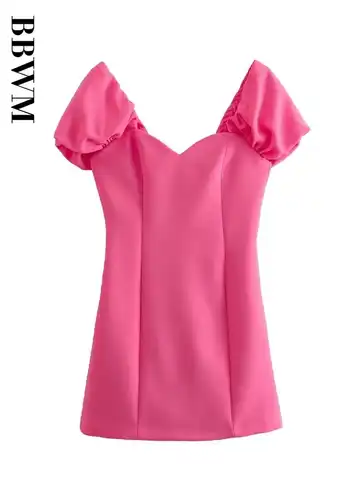 Short Dress Women Pink Vintage Short Sleeve Dress Woman Summer Mini Sweet Dresses 2023 Sweetheart Neck Dress Chic Female