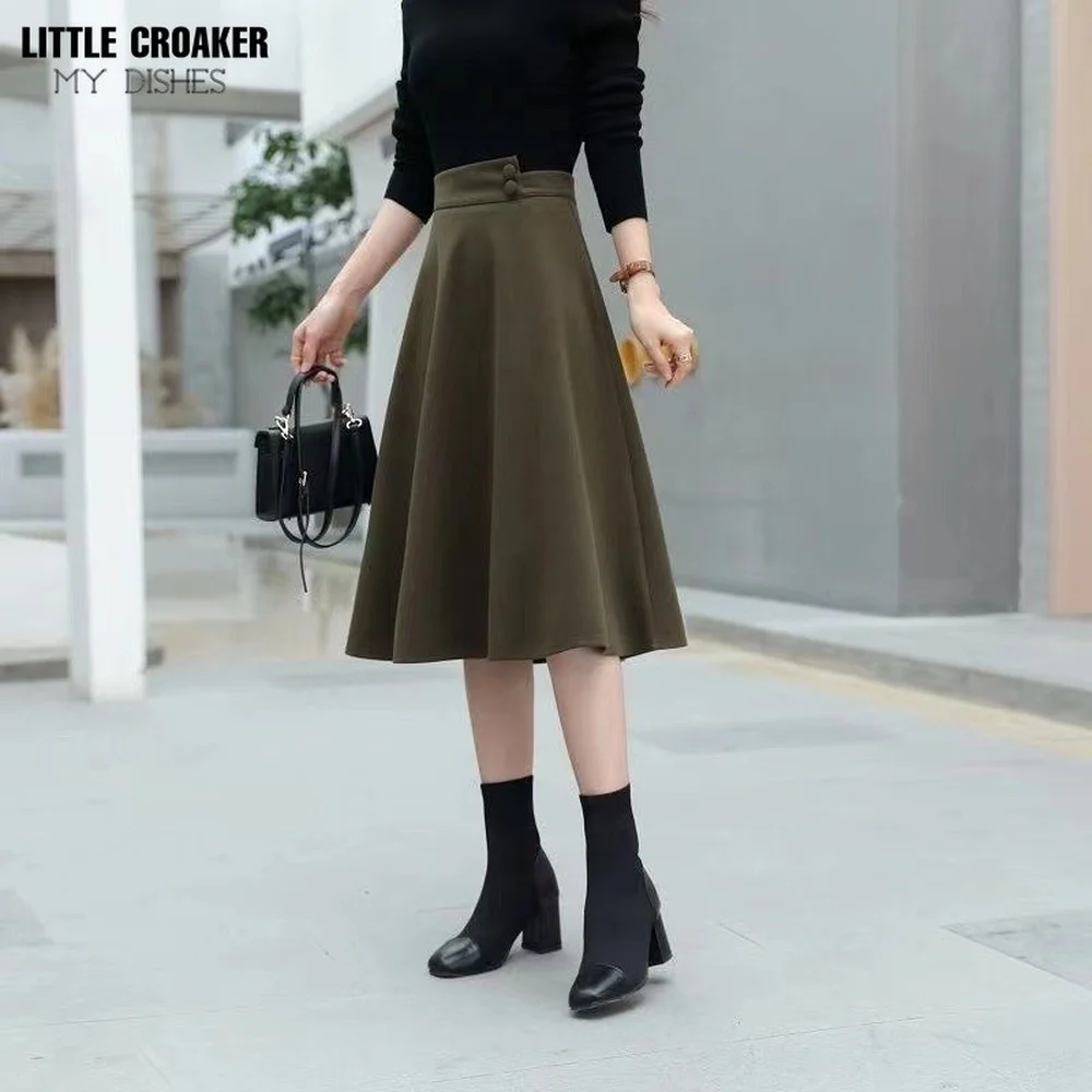 

Neophil Women Suede High Waist Midi Skirt 2022 Winter Vintage Style Elastic Ladies A-Line Black Green Flare Fashion Skirt S29A4