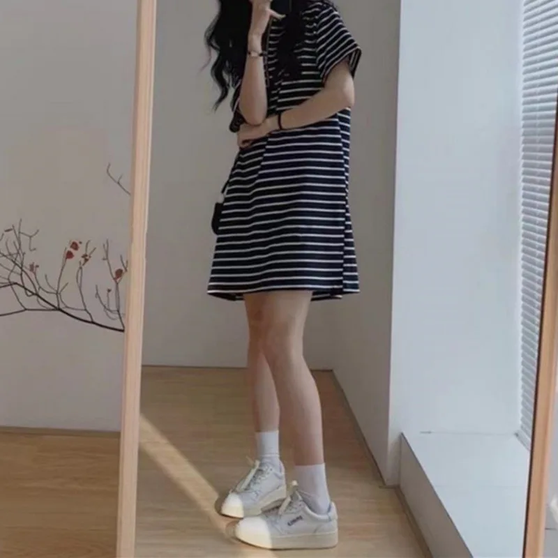 

Женское свободное платье-поло на молнии, дизайнерское платье средней длины в полоску с воротником-стойкой в Корейском стиле, лето 2022