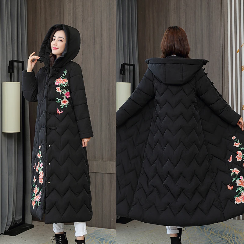Ethnic Style Retro Heavy Embroidered Down Cotton Jacket Women's Self-cultivation Disc Button Winter Thick Long Parka