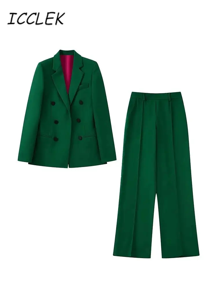 

Women's Trouser Suit Green Blazer Pant Suits Autumn Women's Formal Outfits Office Lady Pants Sets Double Breasted Solid Blazer