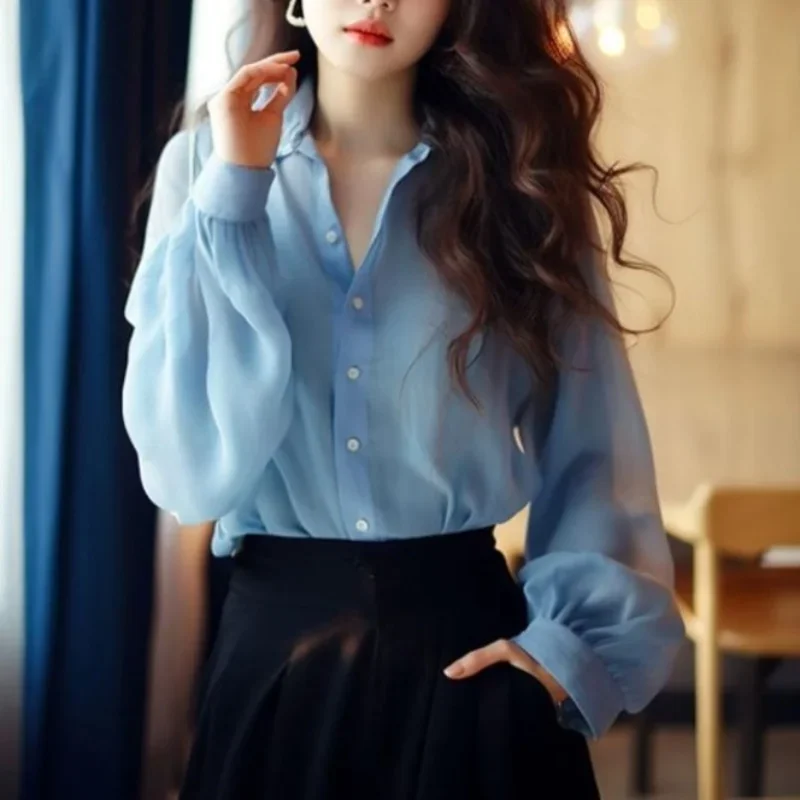 Женская однотонная блузка с рюшами однобортная приталенная длинным рукавом и