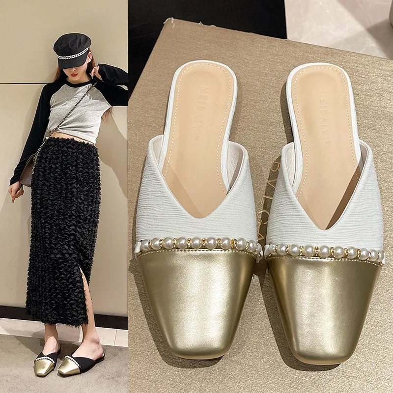 

Square Toe Shoes String Bead Slippers Casual Slipers Women Low Slides Luxury 2023 Cover Flat Basic Sewing Fashion Fabric PU Hoof