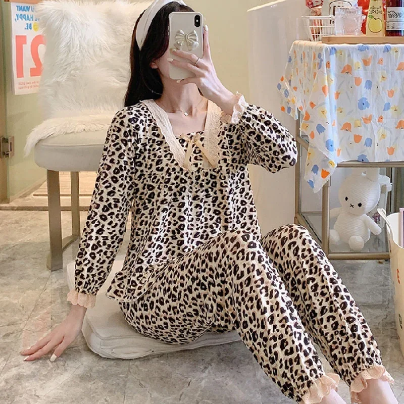 

Women's Pajamas Sets Autumn and Winter Cotton Long-sleeved Spring and Summer Home Service Suit Leopard Print pijama feminino