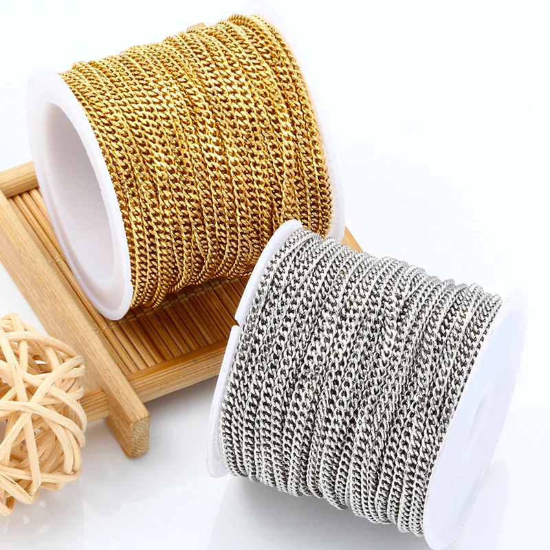 New Width 2.2mm/3mm Plated-Gold Cuban Chains Stainless Steel Ornament Jewellery Making Supplies Accessorie DIY Fashion Style