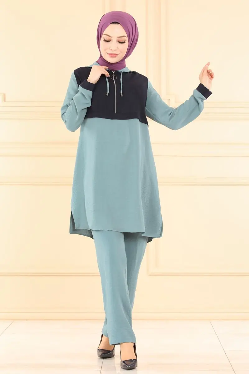 

Half Zipper Hijab Suit 2022 new fashion muslim casual suit sets hijab