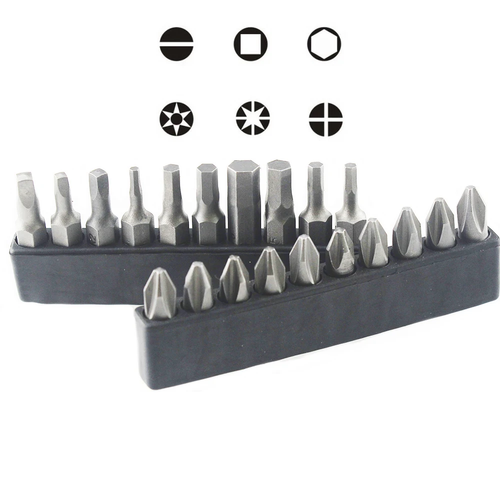 

10pcs Set 25mm Short Screwdriver Bit 1/4 Hex Shank Star Torx Square Hexagon Phillips Slotted Screw Driver Bits Set with Holder