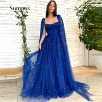 sumnus royal blue a line sparkly stars tulle prom dress sweetheart with long cape sleeves evening party gowns formal women gown