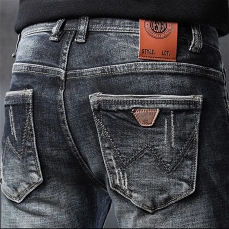 EH·MD® Red Ear High Stretch Jeans Men's Four Seasons Worn And Scratched Cat Beard Pure Cotton Gradient Black Pencil Pants Label2