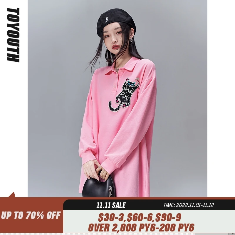 

Toyouth Women Polo Dress 2022 Spring Long Sleeves H Line Loose Pink Cat Embroidery Print Cute Casual Dresses