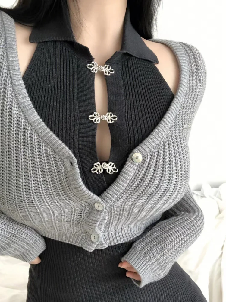 

Sexy Dress Outfits Fashion Two Piece Set Women Long Sleeve Cropped Cardigan Bodycon Mini Dresses Suit Roupas Femme Y2k Sets