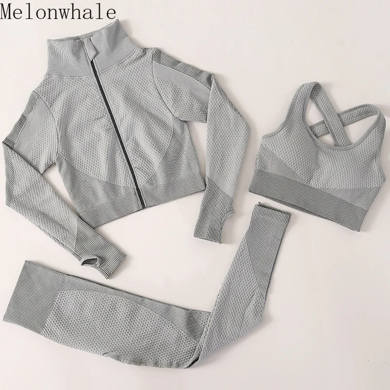 

Melonwhale Seamless High Waist Fitness Legging Suit Women's Running Sportswear Training Yoga Set Bra Sport Suit Three Piece Suit