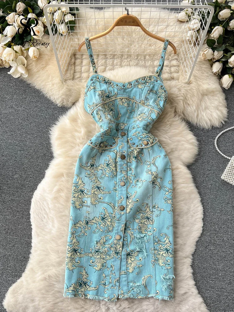 

LIRUICHENG Denim Pocket Floral Print Dress Women Sleeveless Zipper Backless Fashion Slim Retro Ladies Summer Split A Line