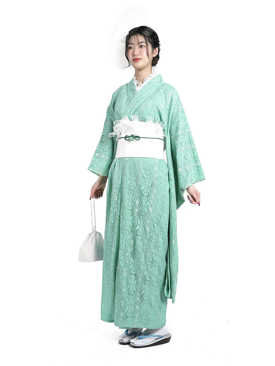 Японское кружевное кимоно женские зеленые модифицированные платья с большим