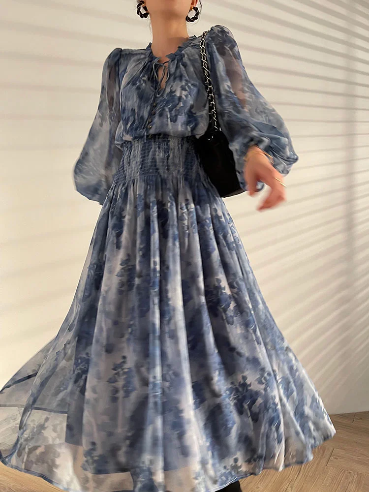 

French minority temperament elegant Printed Dress with thin waist in early spring and gentle skirt beauty underdress