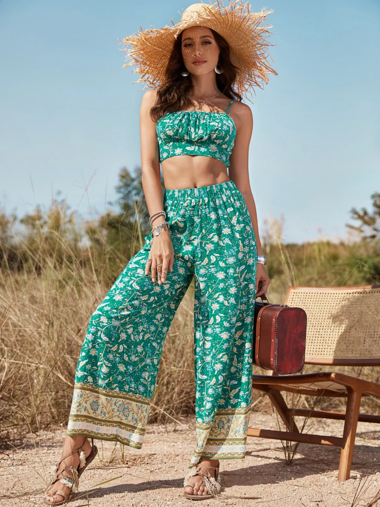 

Женский брючный костюм с принтом, хлопковый комбинезон без рукавов с открытой спиной в богемном стиле, лето 2022