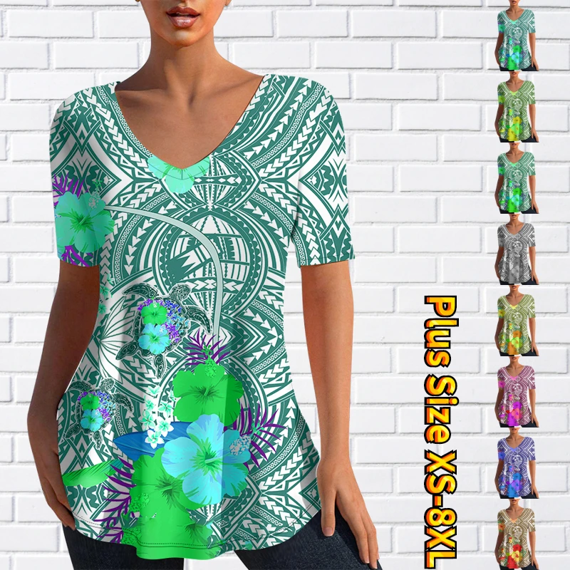 

Vintage Slim Tops New Design Printing Pullover V-Neck T-shirt Long T-shirt Women Casual Clothes Summer Elegant Short Sleeve