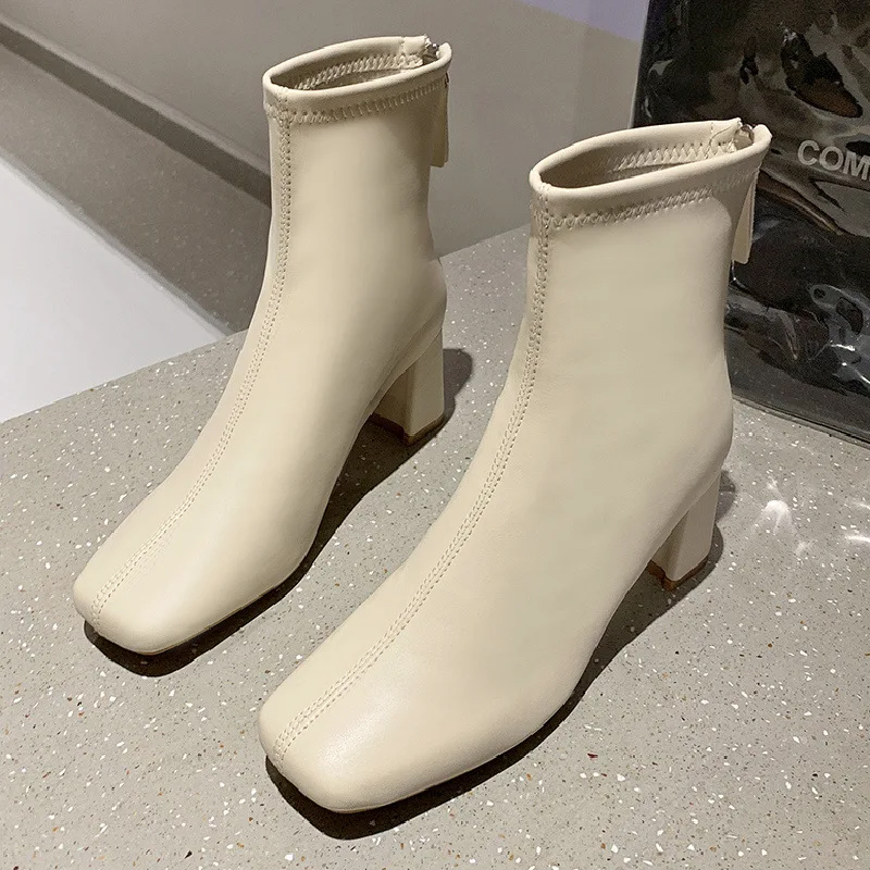 Winter Womens Heels Black Zipper Mid Calf Boots Pu Leather High Heel Ankle Boots female Fashion Chelsea Boots Zapatos De Mujer