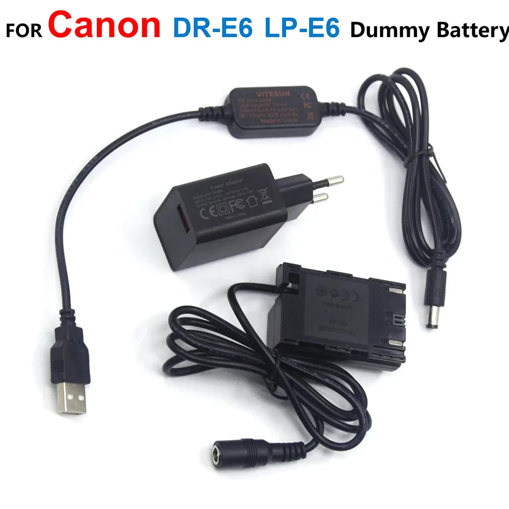 

DR-E6 LP-E6 LP-E6N Dummy Battery Adapter+Power Bank 5V USB Cable+Charger For Canon EOS 60D 70D 5D2 6D 7D 5D Mark II III 5D3 5DSr