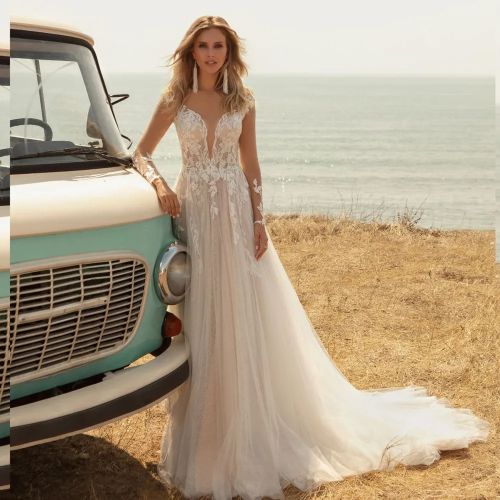 

Bohemian Lace Applique Wedding Dress Full Sleeve Zipper Back Beach Bridal Gowns A-Line Tulle Court Train Civil Vestidos De Novia