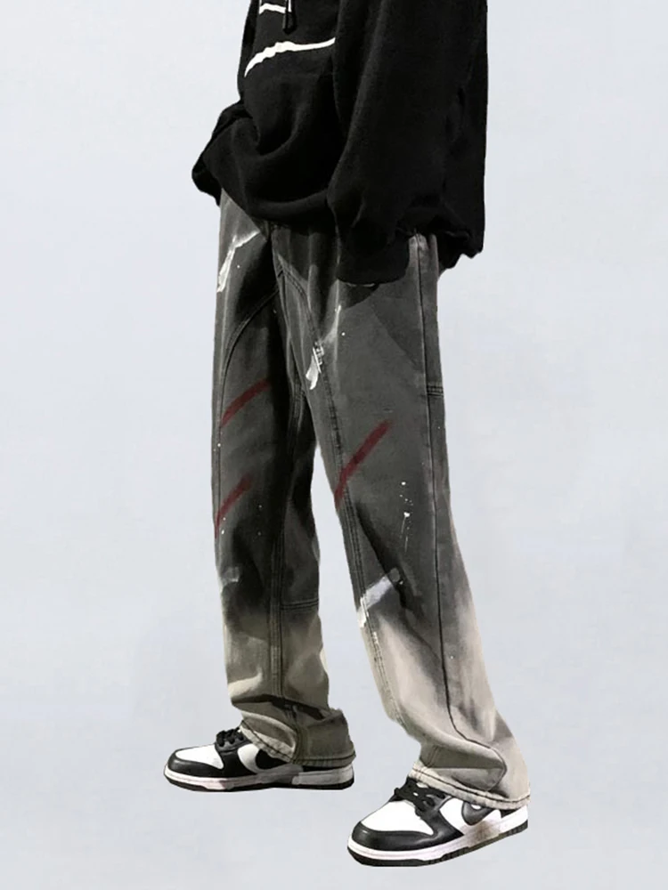 Four Seasons Men Jeans High Street Graffiti Embroidery Gradient Loose Versatile Straight Casual Pants Fashion Hip Hop Streetwear