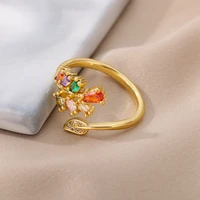 fashion flower open rings for women geometry colorful crystal charm round adjustable finger ring wedding party jewelry bff gift