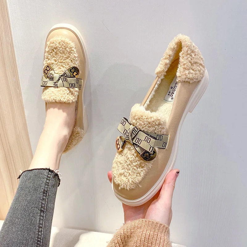 

Winter Women's Shoes Plus Warm Snow Boots Bow Decoration Stylish Designer Flat Shoes Platform Party and Walking Luxury Loafers