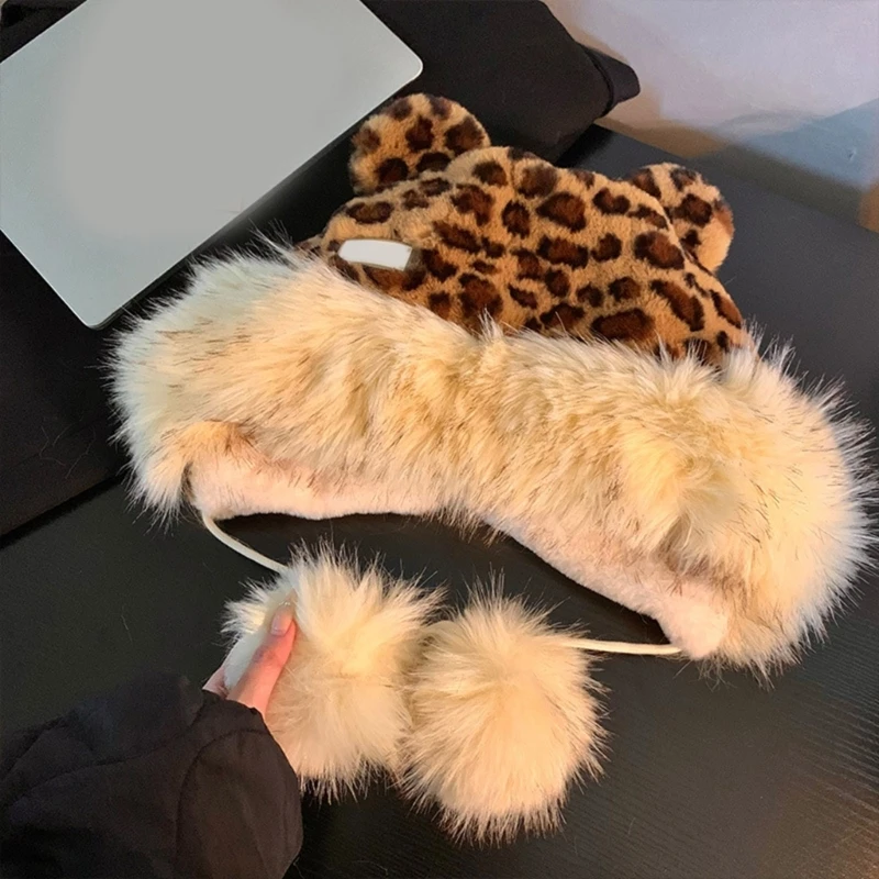 Женская меховая шапка с леопардовым принтом шляпа ушами медведя ветрозащитная
