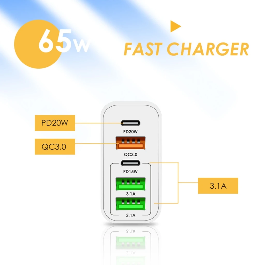 

PD65W Phone Charger Fast Charge Adapter Type C USB PD Quick Charging Plug AC100-240V 50-60Hz Multi-port Charger Block Dropship