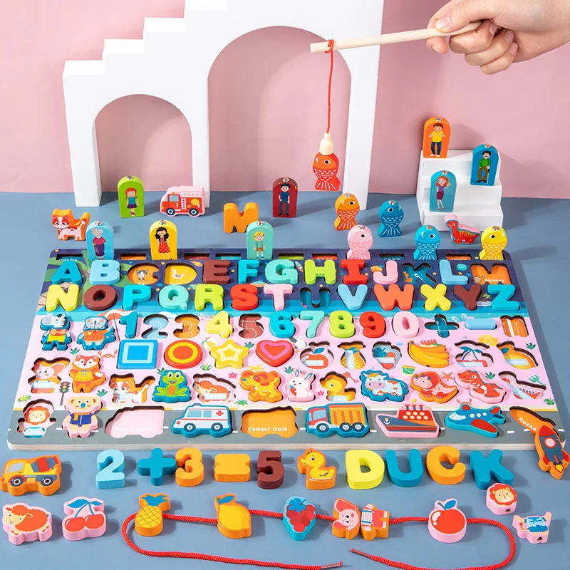 

3D Puzzle Kids Educational Toys Wooden Toys Montessori Arithmetic Magnetic Fishing Digital Building Block Toys DIY Wooden Beads