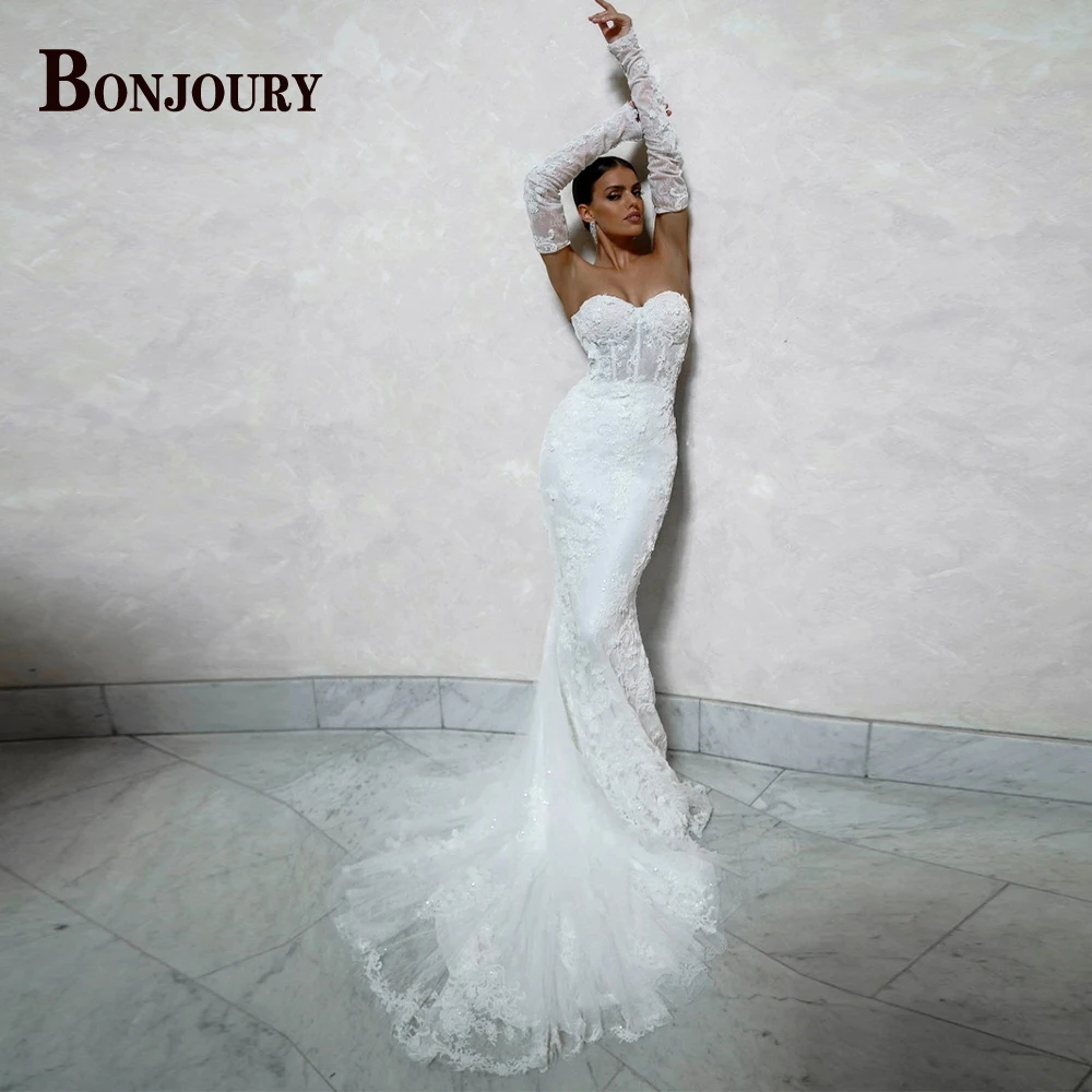

Женское свадебное платье с юбкой годе BONJOURY, без рукавов, с аппликацией, индивидуальный пошив, 2023
