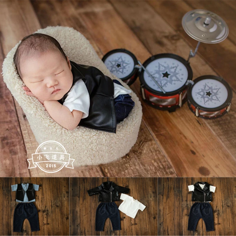 Newborn Baby Boys Photography Props Cool Rock Leather Outfits  Mini Insturments Drum Decorations Fotografia Studio Photo Props