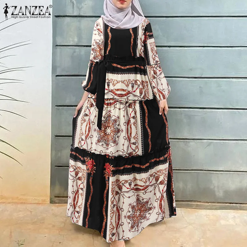 Платье ZANZEA мусульманское с длинным рукавом, круглым вырезом и цветочным принтом