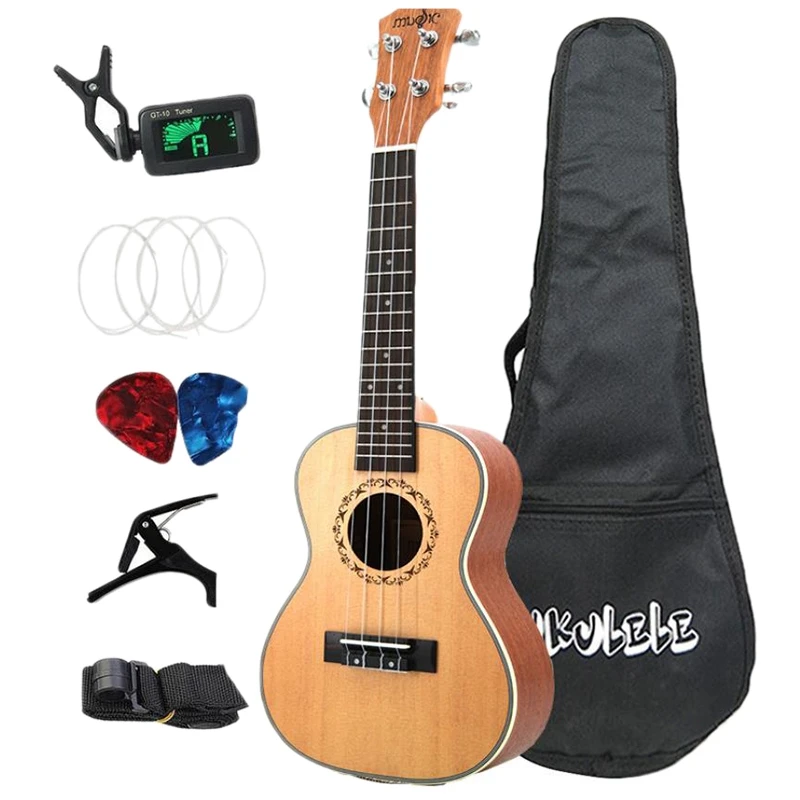 

23 Inch Concert Ukulele Beginner Spruce Wood Ukulele Set With Tuner, Picks, Strap, Strings, Guitar Capo