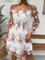 elegant mesh dress women summer sexy white backless floral embroidery party dresses fashion off shoulder a line midi dress 2022