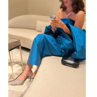 blue taffeta formal evening dress women strapless puff sleeves ankle length party dress saudi arabic women prom gowns
