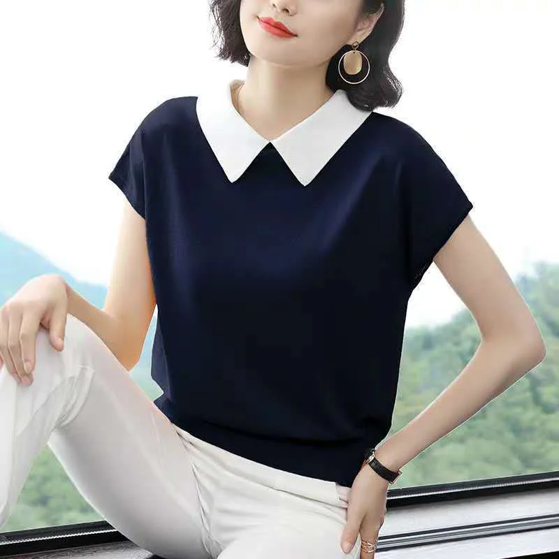 Women Turn Down Collar Knitted Blouses Shirts Lady Spring Summer Style Casual Navy Short Sleeve Blusas Tops