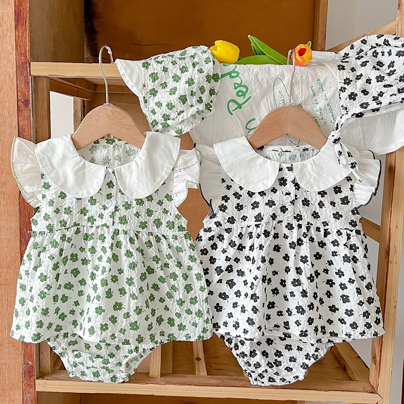 

Summer Newborn Baby Girls Clothing Set Flying Sleeve Cotton Floral Print T-shirt+PP Shorts+Hat Children Clothes Suit