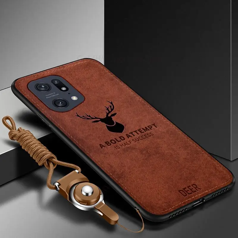 

For Oppo Find X5 Pro Crossbody Lanyard Cloth Texture Phone Case For Find X3 X5 Pro Ultra Slim Deer Elk Pattern Fabric Cover Capa