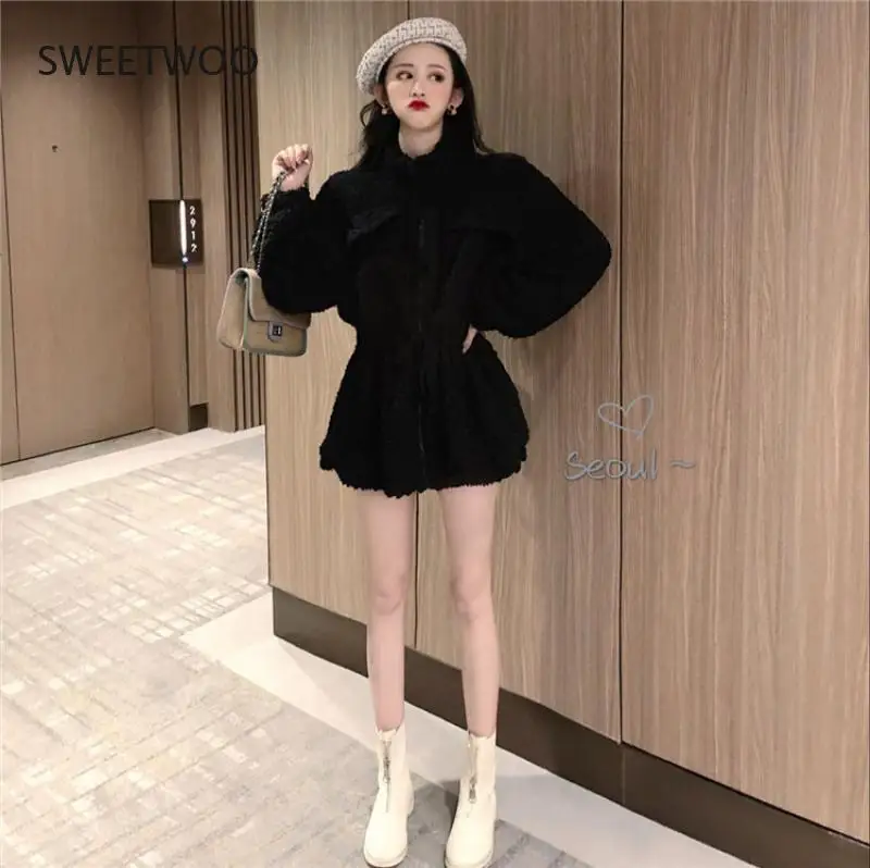 Winter Soft Warm Thick Faux Fur Coat Women Drop Shoulder Long Sleeve Zipper Drawstring Fluffy Jacket Korean Fashion Slim 2022