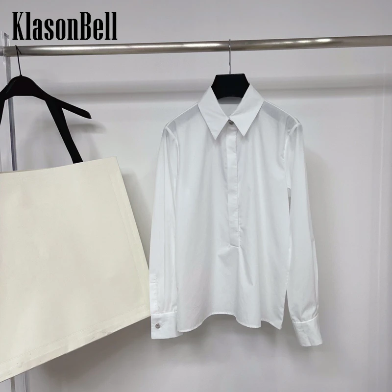 

5.28 KlasonBell Rhinestone Button Decoration Long Sleeve White Shirt / Blouse Women