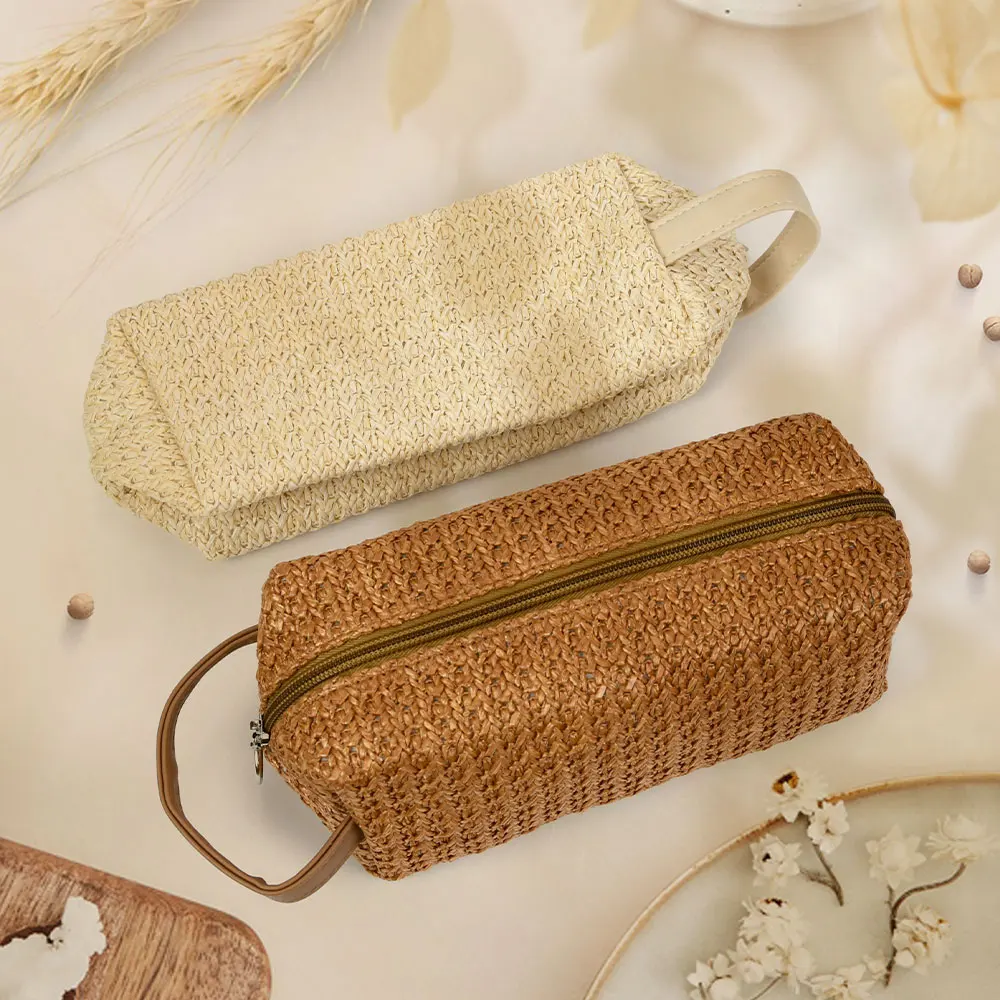 

Vintage Weaving Rattan Cosmetic Bag Straw Bags Beauty Makeup Brushes Storage Outdoor Travel Handbag Toiletries Organizer