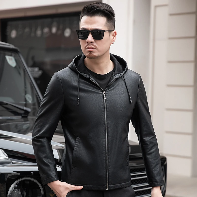 YN-2261 Autumn Thin Men's Youth Leather Jacket Plus Velvet Hooded Casual Wear Fashion Printing