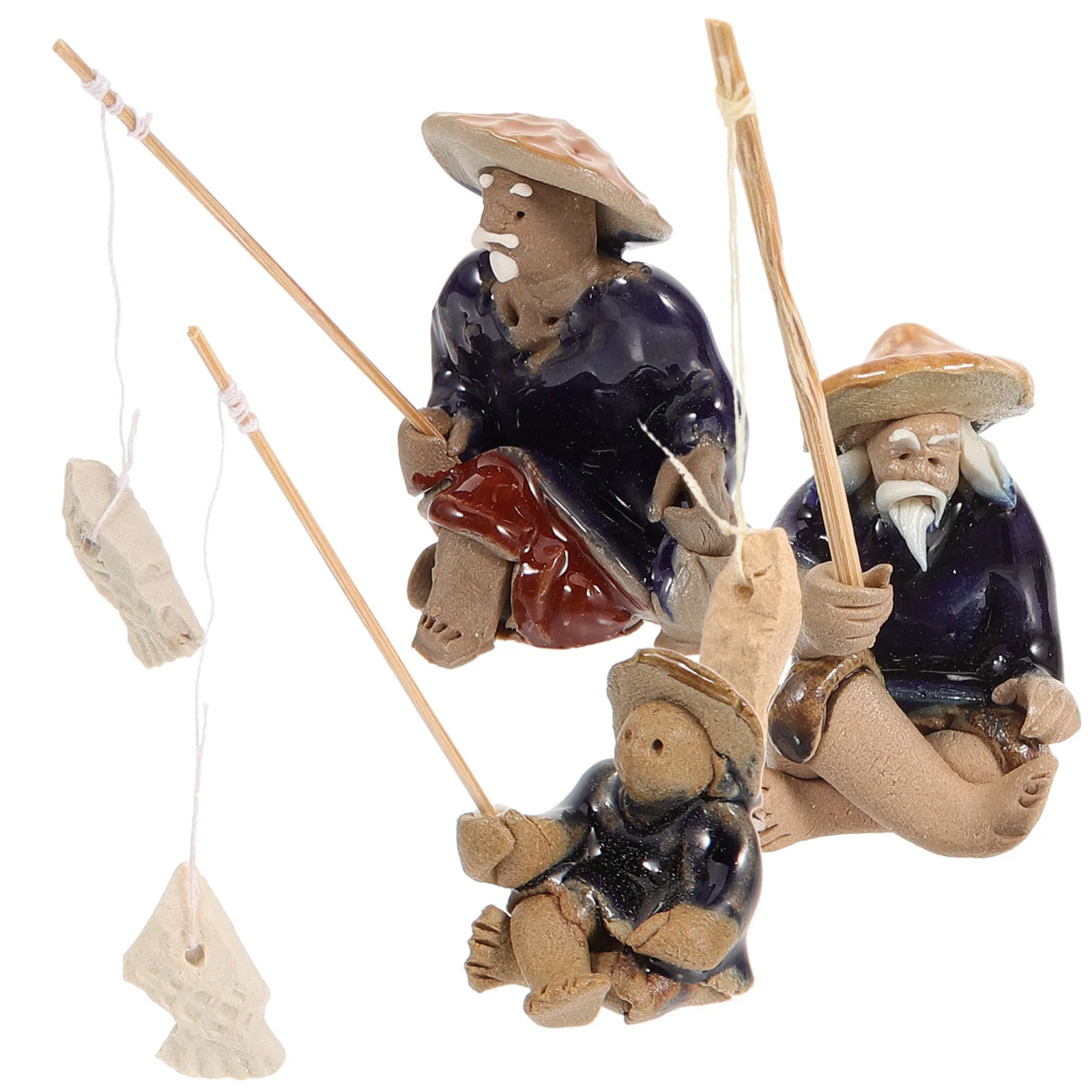 

3 Pcs Vintage Accessories Toy Fisherman Statue Adorn Ceramic Figurines Tank Adornment Ceramics Sculpture Bonsai Landscape Elder