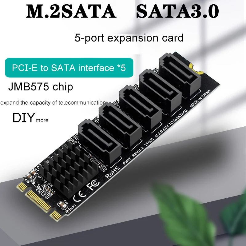 

5 Port Expansion Card For SATA III 6GB/S JMB575 Chipset PH57 M.2 NGFF B-KEY SATA Computer Expansion Adapter Card Accessories