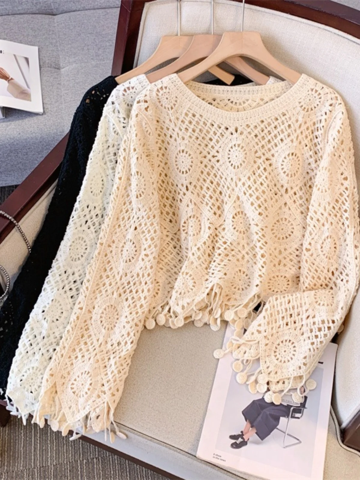Дизайнерская ажурная вязаная накидка крючком для женщин осень большие размеры