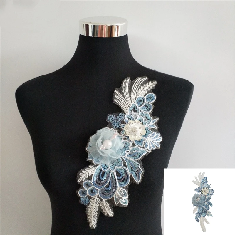 

H9ED Embroidery Sequins Lace Collar Applique 3D Flower Pearl Sewing Trim Mesh Fabric