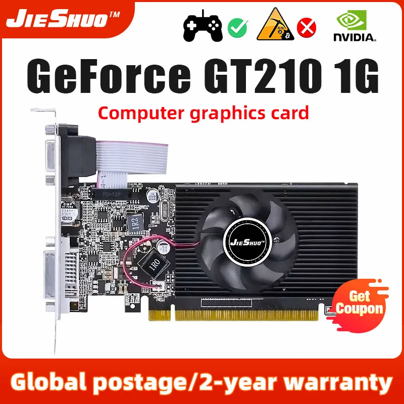 

JIESHUOS NVIDIA GeForce 210 1 Гб видеокарта GT 210 1 ГБ 64-бит DDR3 низкопрофильная Видеокарта для ПК игровая GT210 1 ГБ видеокарта